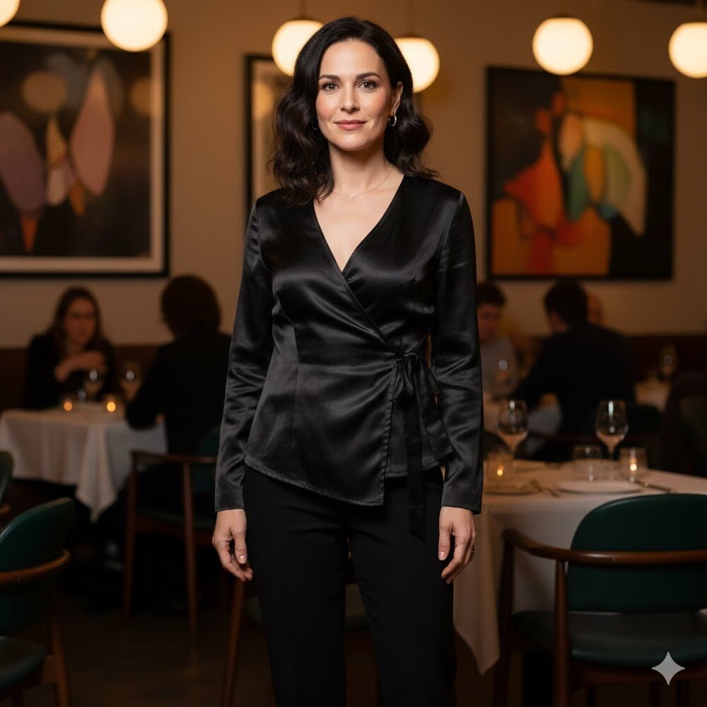 Skin Luxury Black Satin-Like  Wrap Tie Waist Long Sleeve Top – Size 2